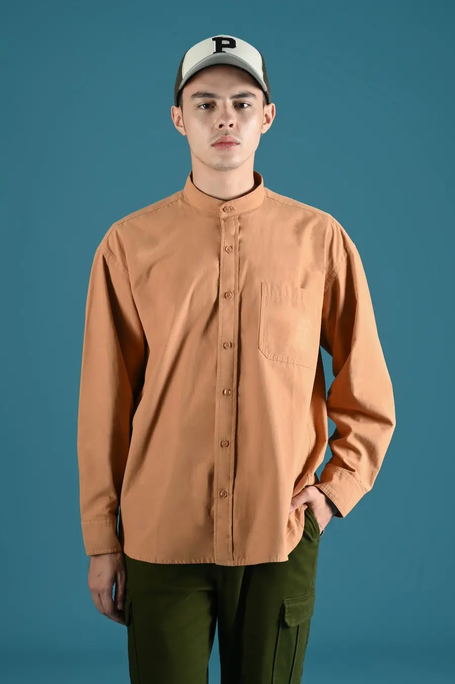 PSDU80-DREXEL OVERSIZED SHIRT STAND COLLAR TANGERINE BROWN