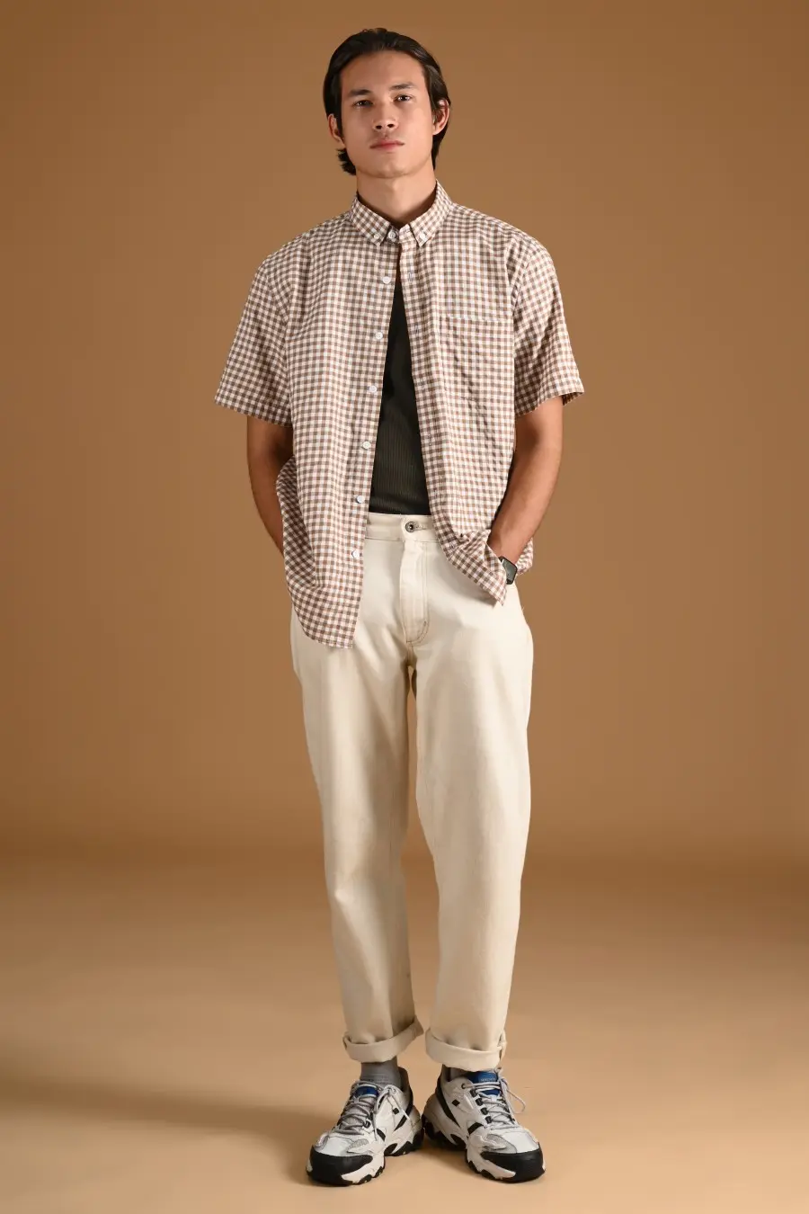 PSCR12-GINGHAM SHORT SLEEVE SHIRT PREPP SCOOTER EDITION LIGHT BROWN