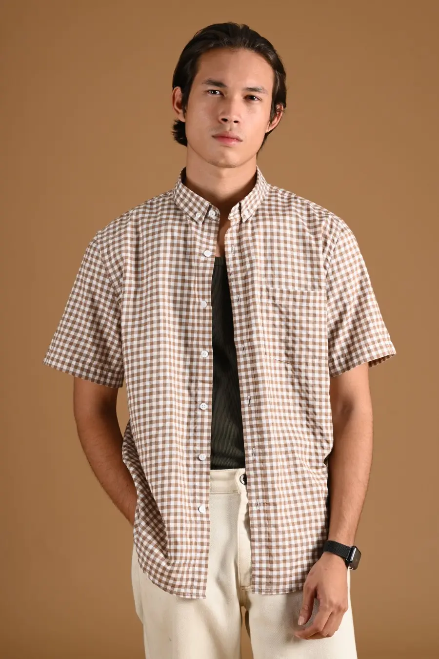 PSCR12-GINGHAM SHORT SLEEVE SHIRT PREPP SCOOTER EDITION LIGHT BROWN