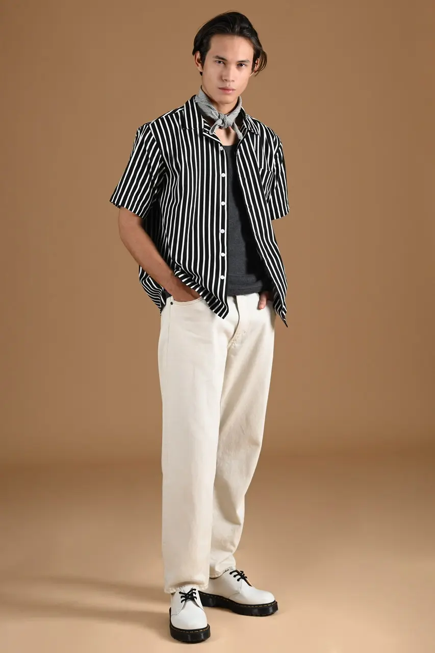 SHORT STRIPE SHIRT DUAL COLLAR STYLE BLACK