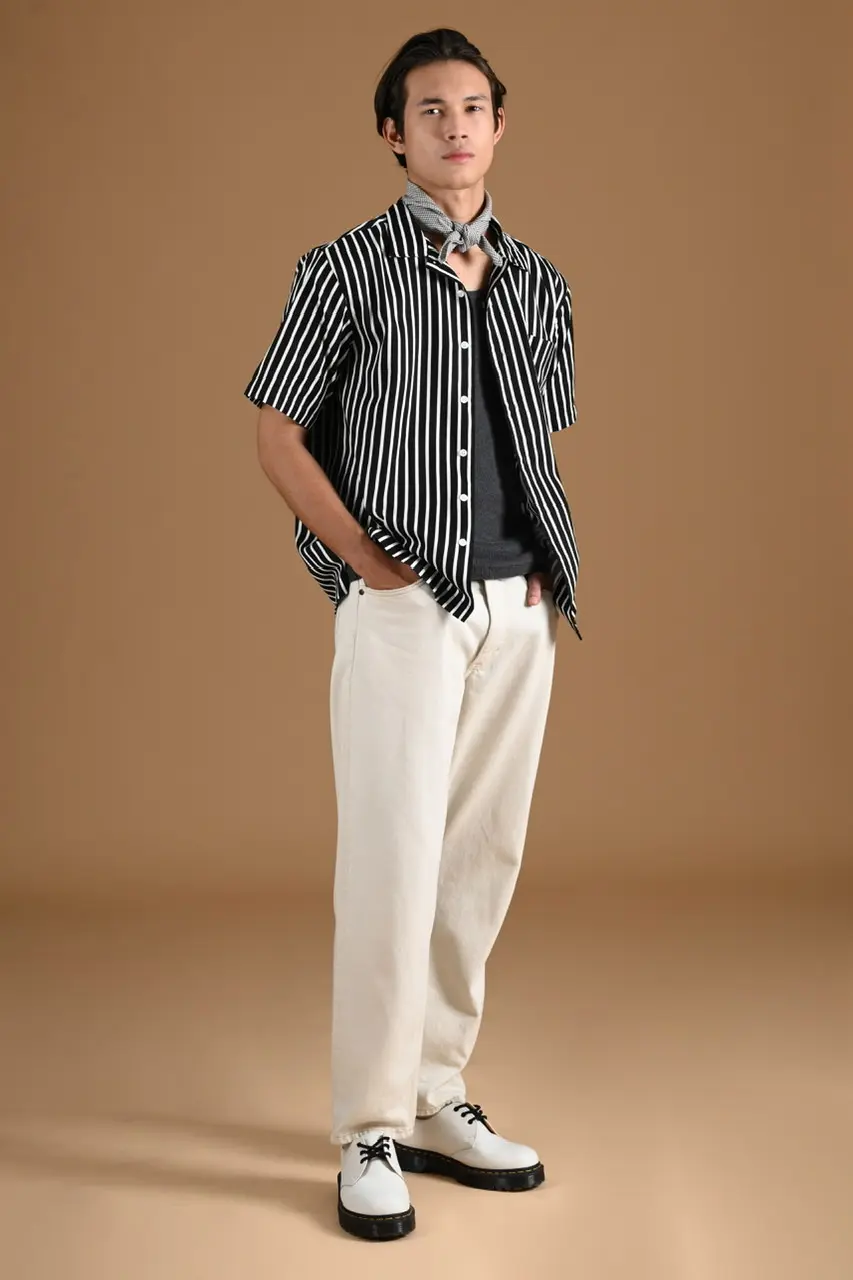 SHORT STRIPE SHIRT DUAL COLLAR STYLE BLACK