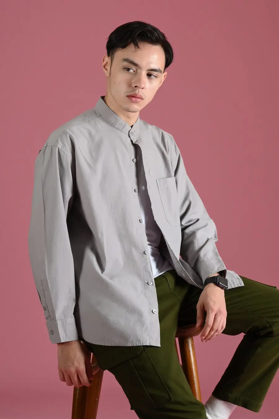 PSDU13-DREXEL OVERSIZED SHIRT STAND COLLAR LIGHT GREY