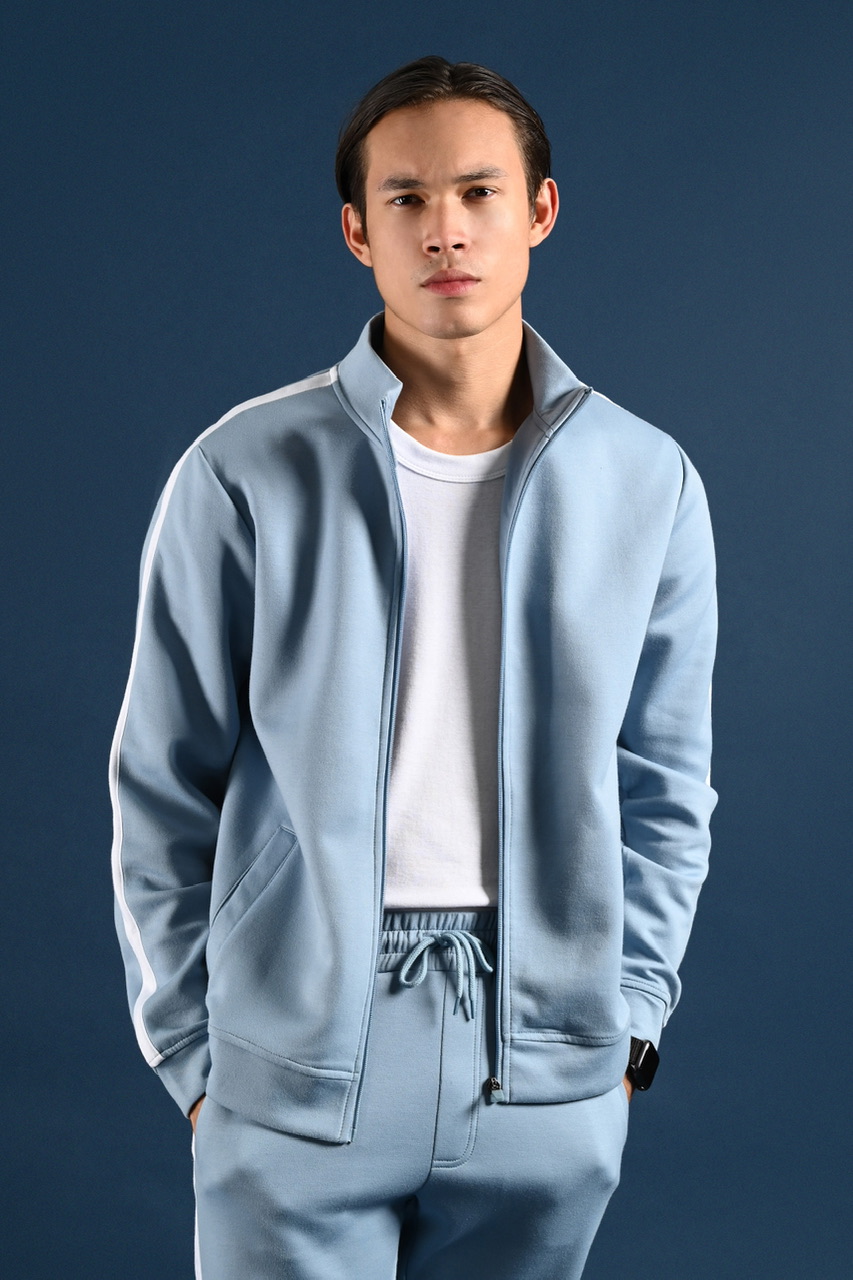 POEV47-TWEED TRACKTOP FADED BLUE STRIPE WHITE