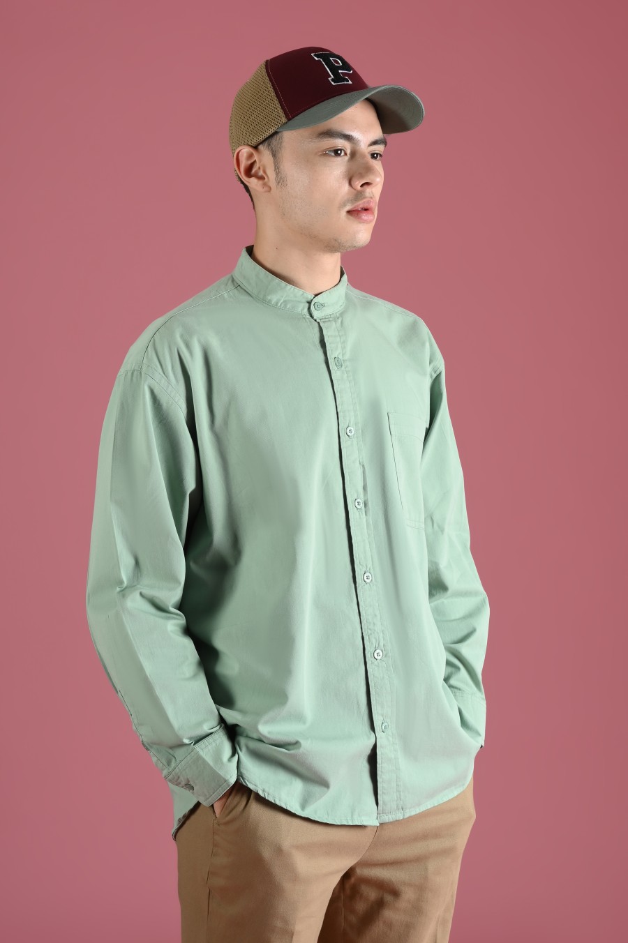 PSDU79-DREXEL OVERSIZED SHIRT STAND COLLAR CUCUMBER GREEN