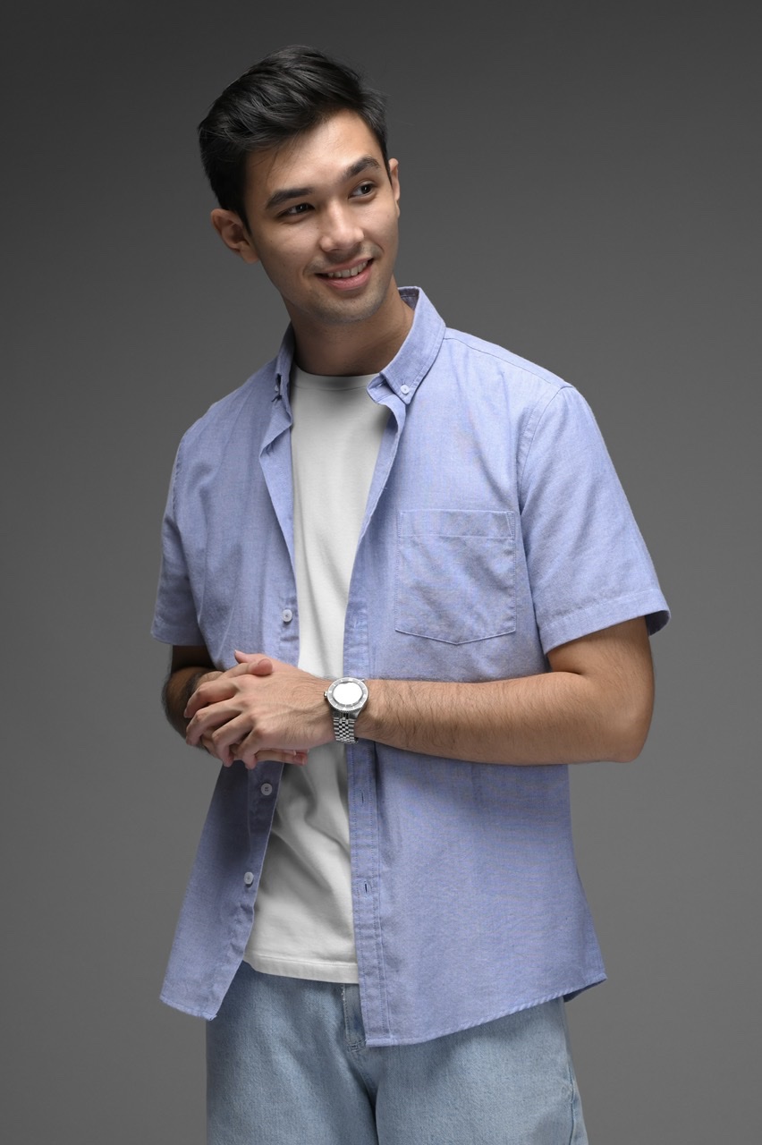 PSCO23-EXETER WHITE BUTTON SHORT SLEEVE SHIRT LIGHT BLUE