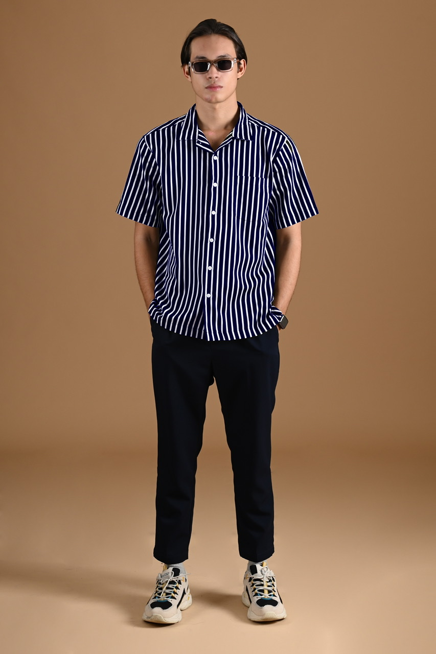 PSCZ16-SHORT STRIPE SHIRT DUAL COLLAR STYLE NAVY