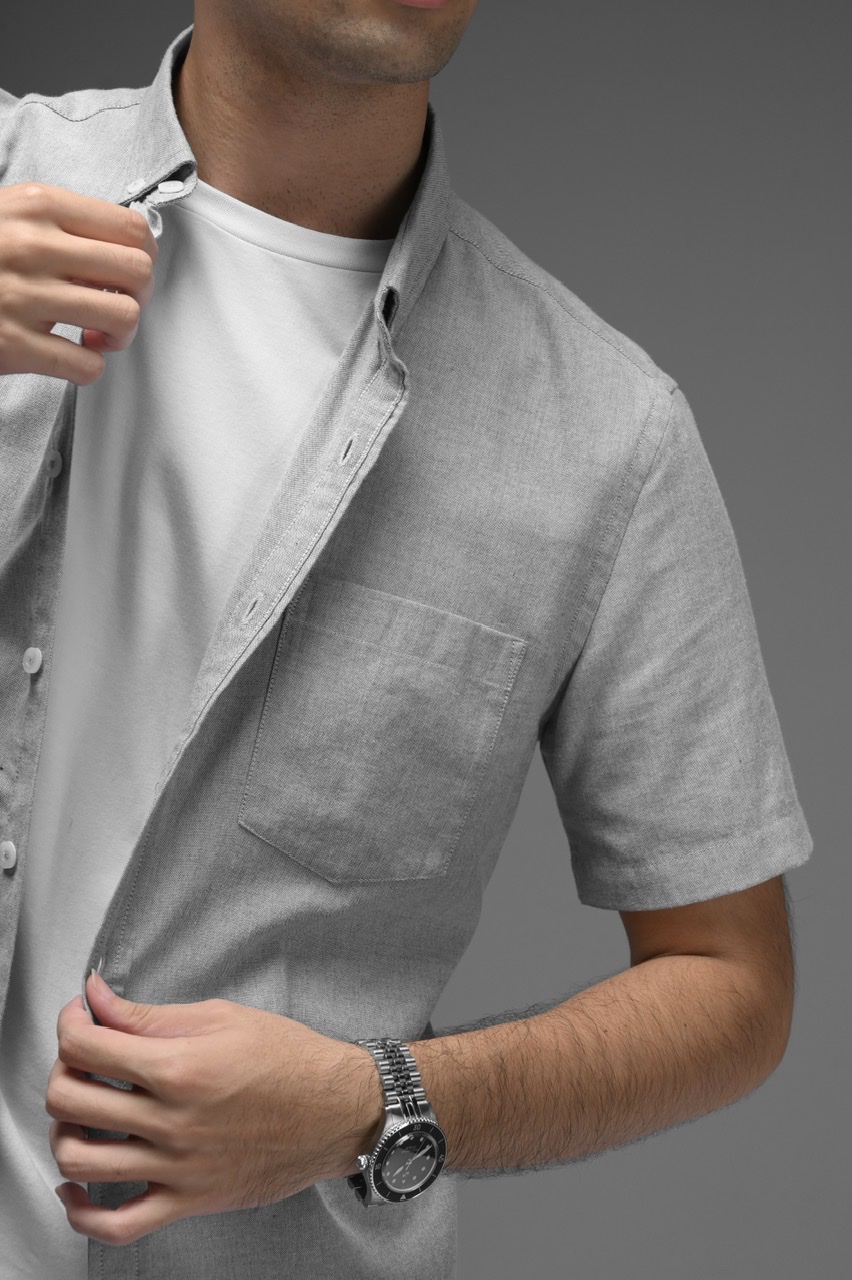 PSCO10-EXETER WHITE BUTTON SHORT SLEEVE SHIRT GREY