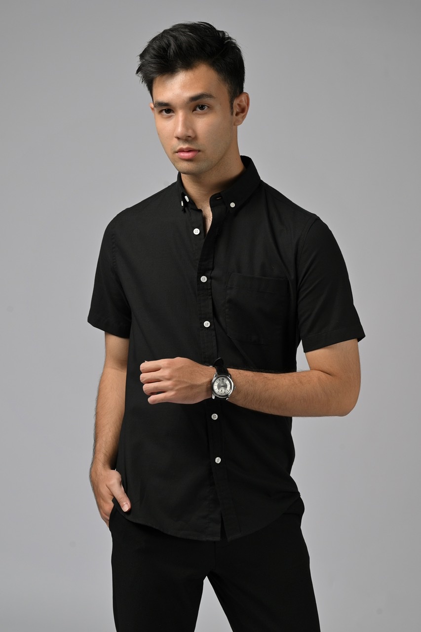 EXETER WHITE BUTTON SHORT SLEEVE SHIRT BLACK