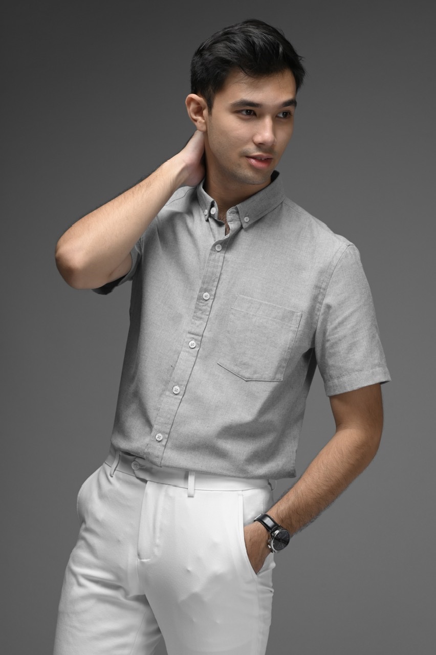 PSCO10-EXETER WHITE BUTTON SHORT SLEEVE SHIRT GREY