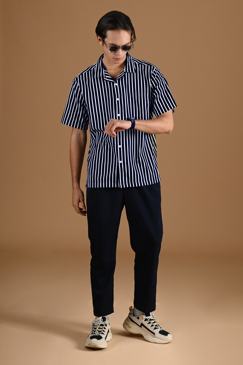 PSCZ16-SHORT STRIPE SHIRT DUAL COLLAR STYLE NAVY