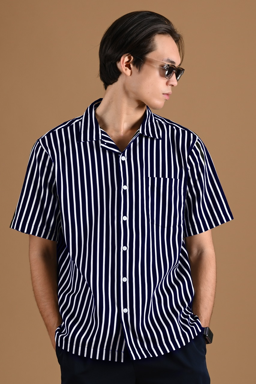 PSCZ16-SHORT STRIPE SHIRT DUAL COLLAR STYLE NAVY