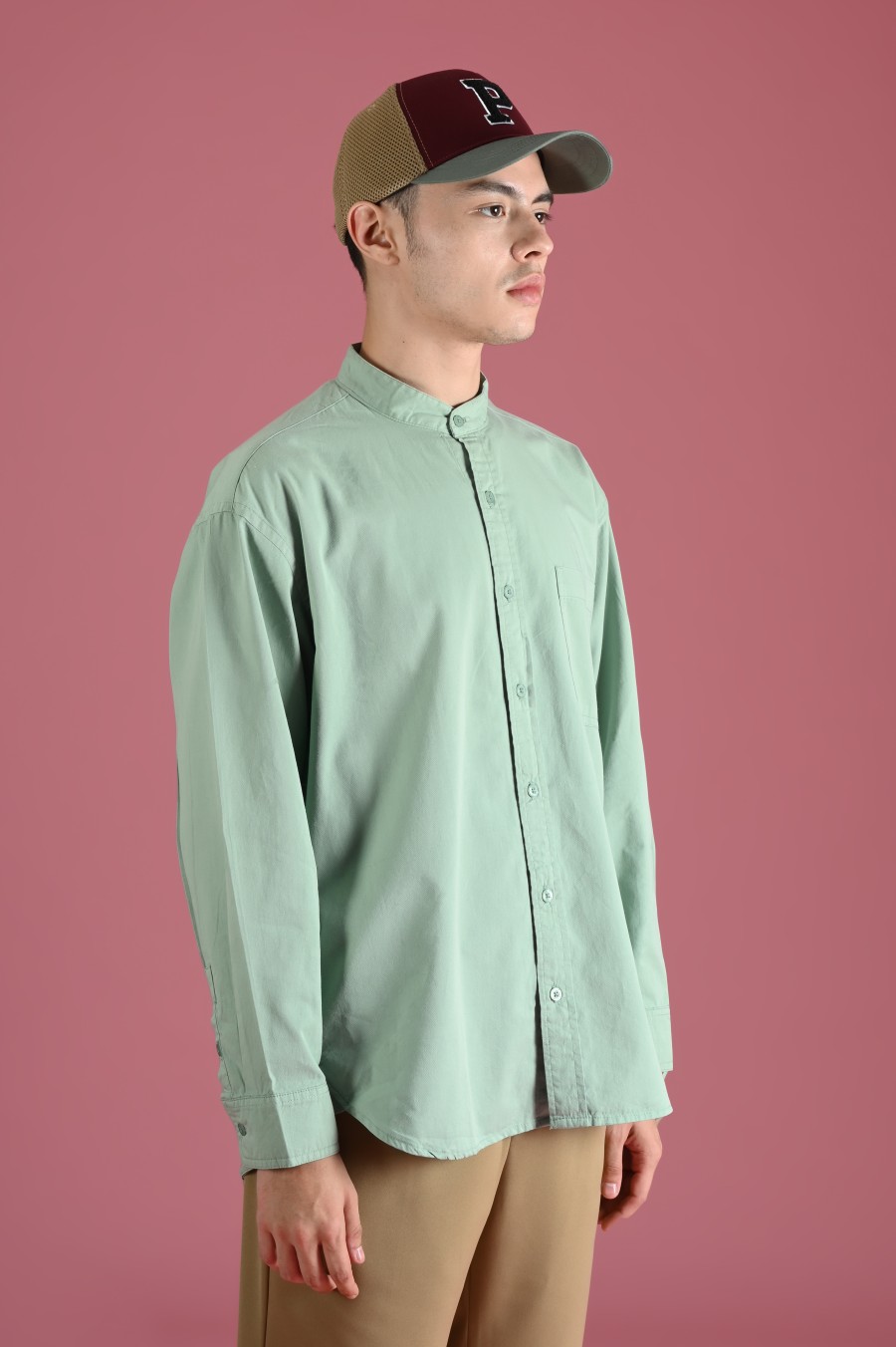 PSDU79-DREXEL OVERSIZED SHIRT STAND COLLAR CUCUMBER GREEN