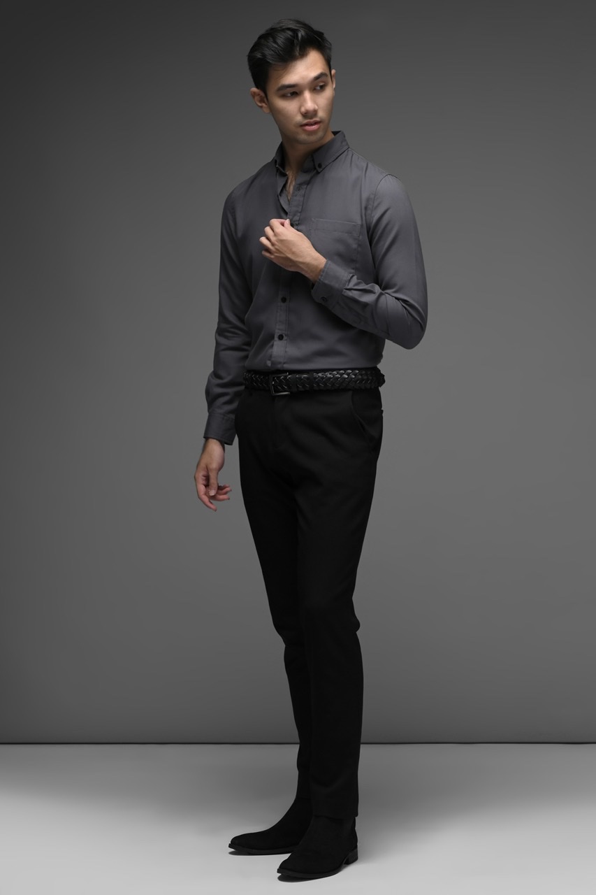 EXETER BLACK BUTTON LONG SLEEVE SHIRT ASPHALT