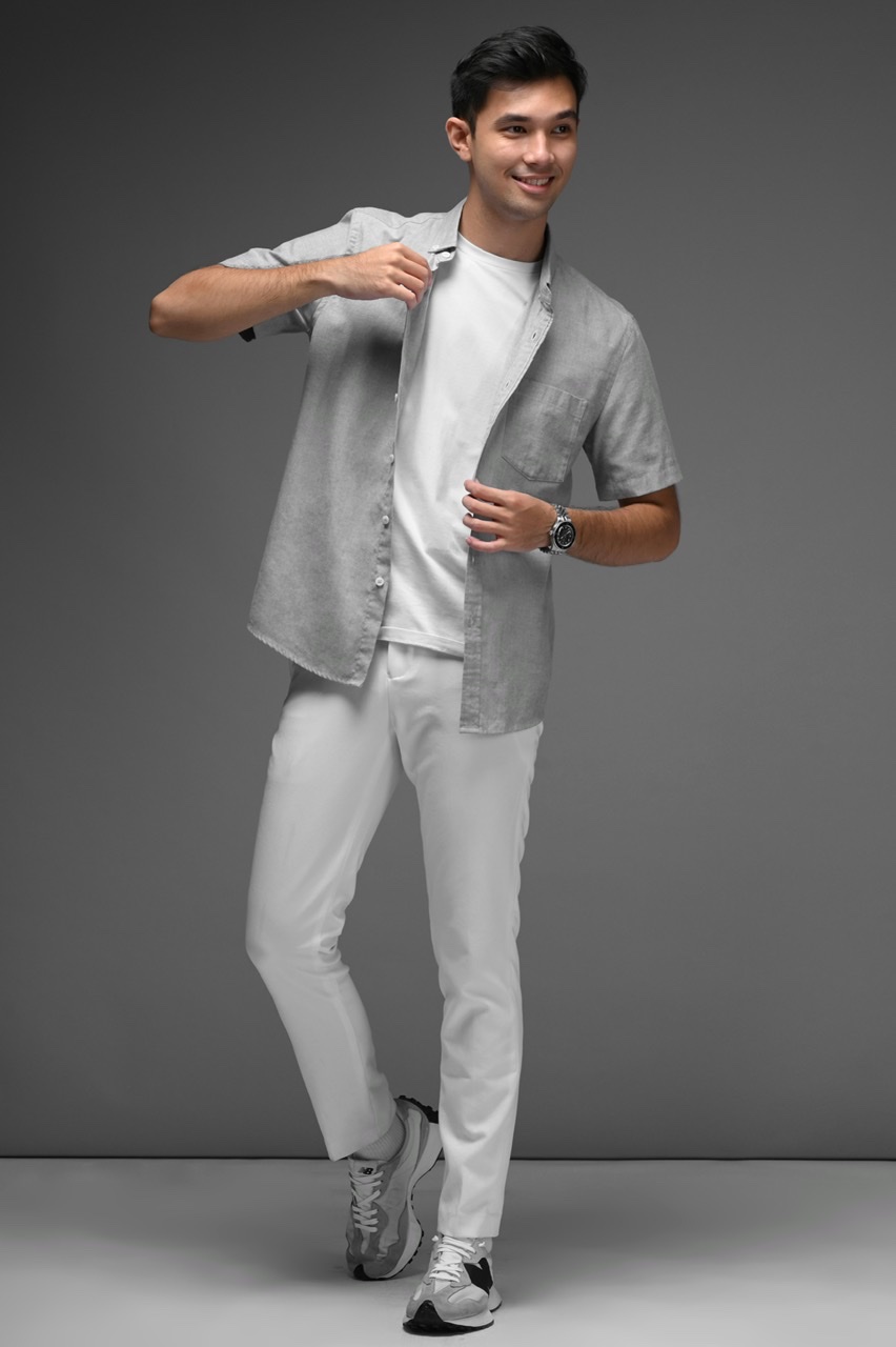 PSCO10-EXETER WHITE BUTTON SHORT SLEEVE SHIRT GREY