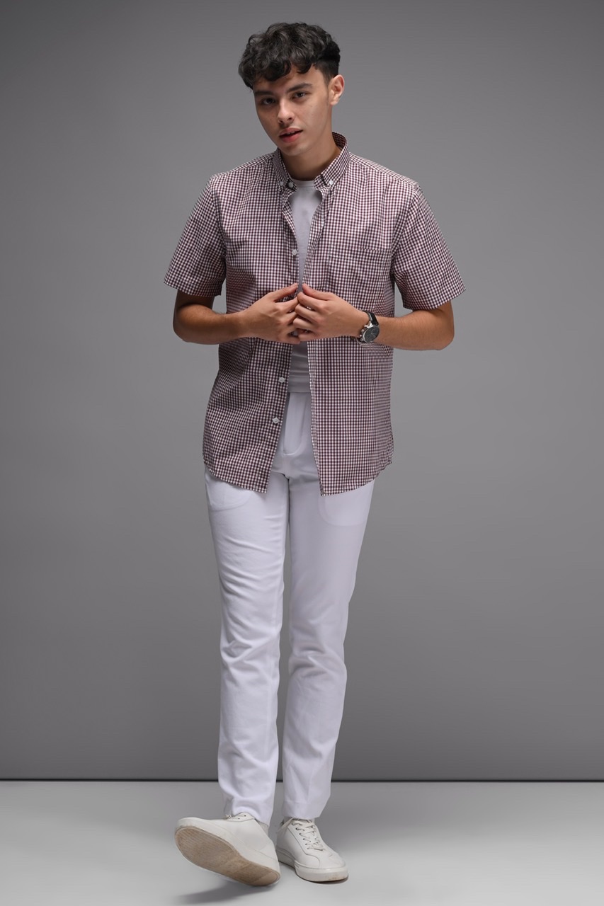 GINGHAM SHORT SLEEVE SHIRT MAROON