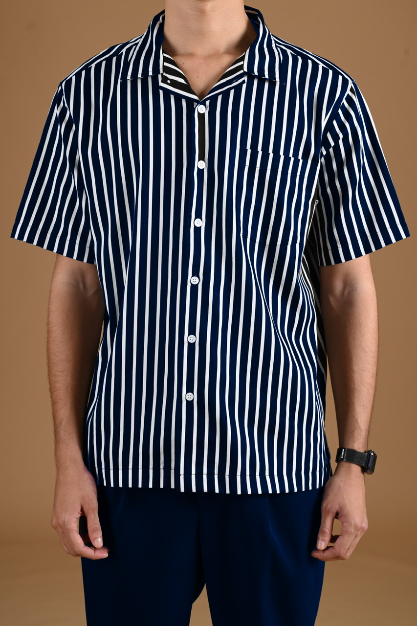PSCZ16-SHORT STRIPE SHIRT DUAL COLLAR STYLE NAVY