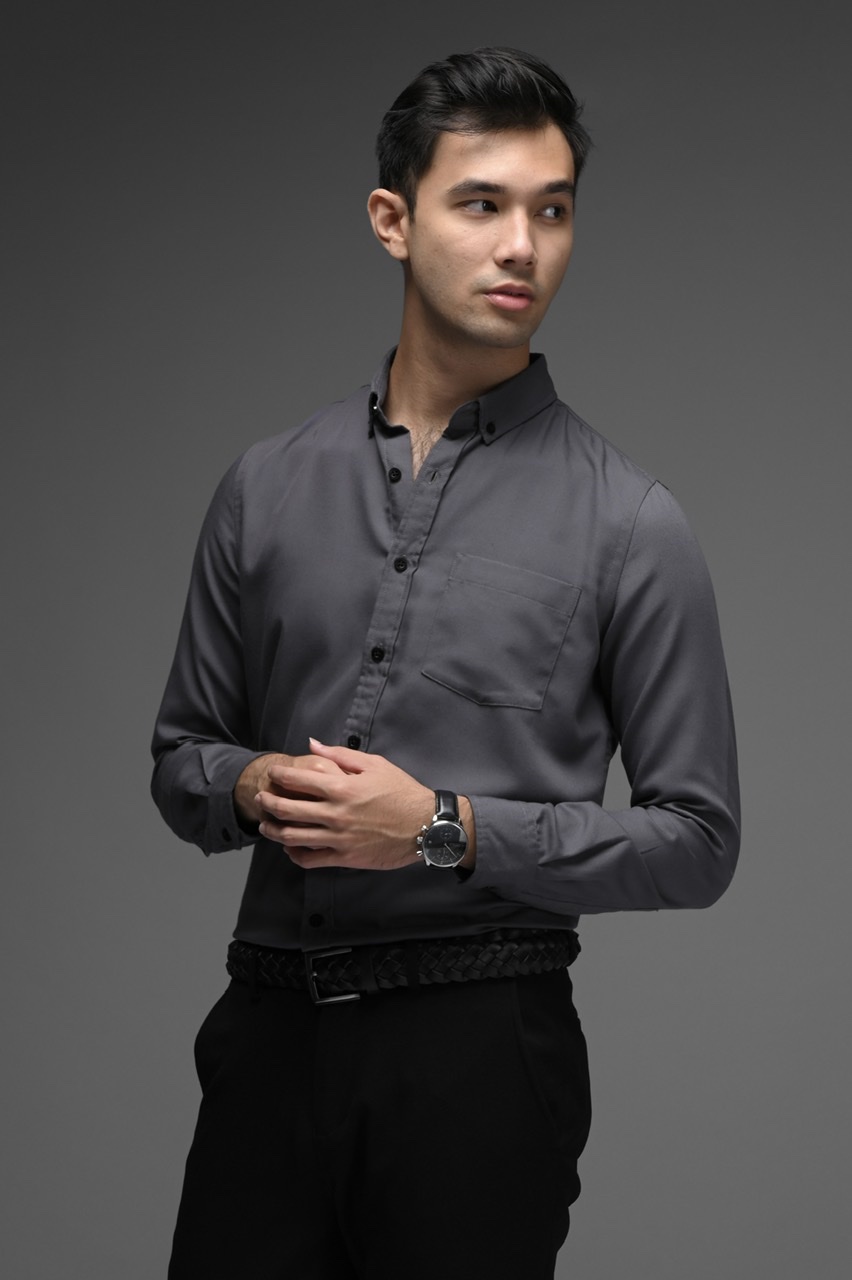 EXETER BLACK BUTTON LONG SLEEVE SHIRT ASPHALT