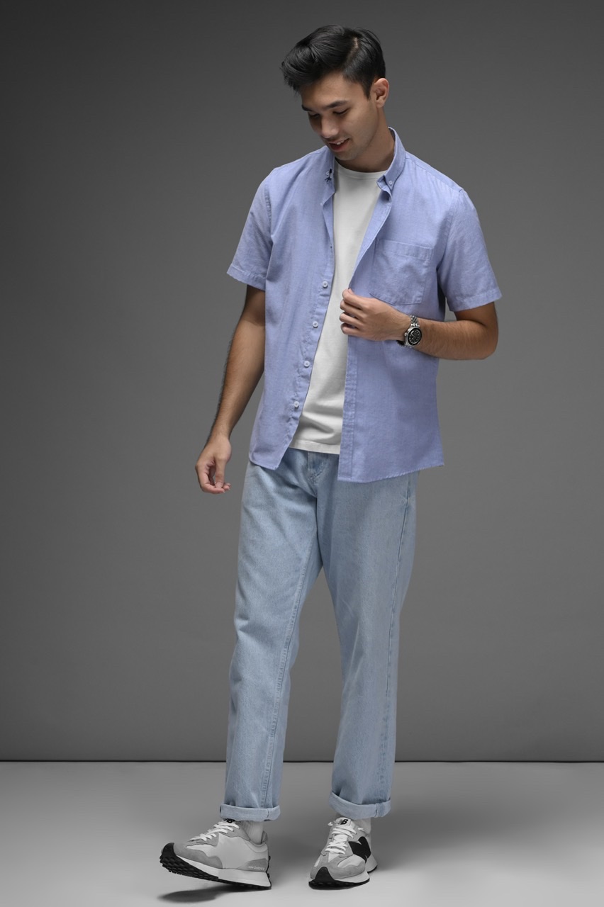 PSCO23-EXETER WHITE BUTTON SHORT SLEEVE SHIRT LIGHT BLUE