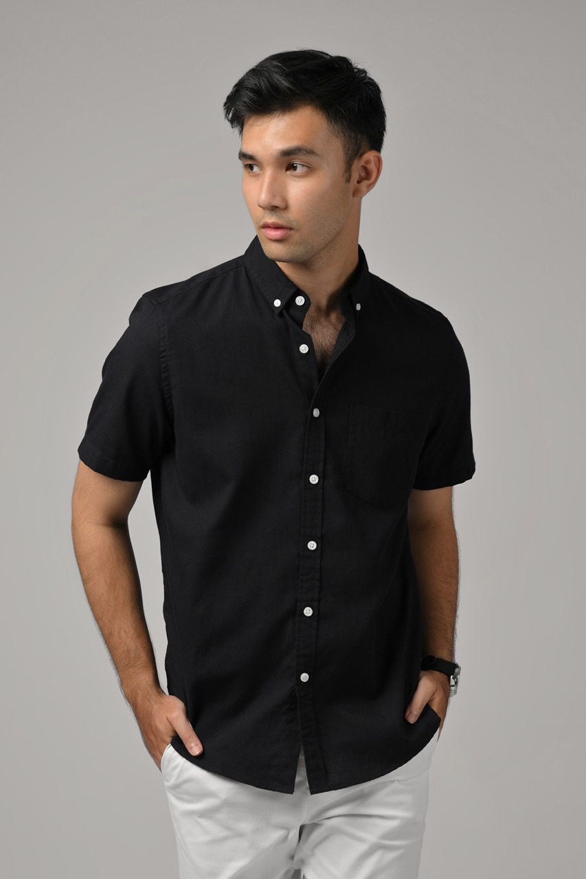 EXETER WHITE BUTTON SHORT SLEEVE SHIRT BLACK