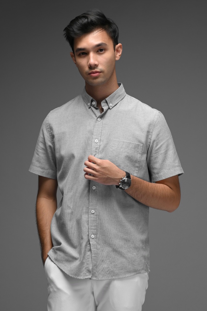PSCO10-EXETER WHITE BUTTON SHORT SLEEVE SHIRT GREY