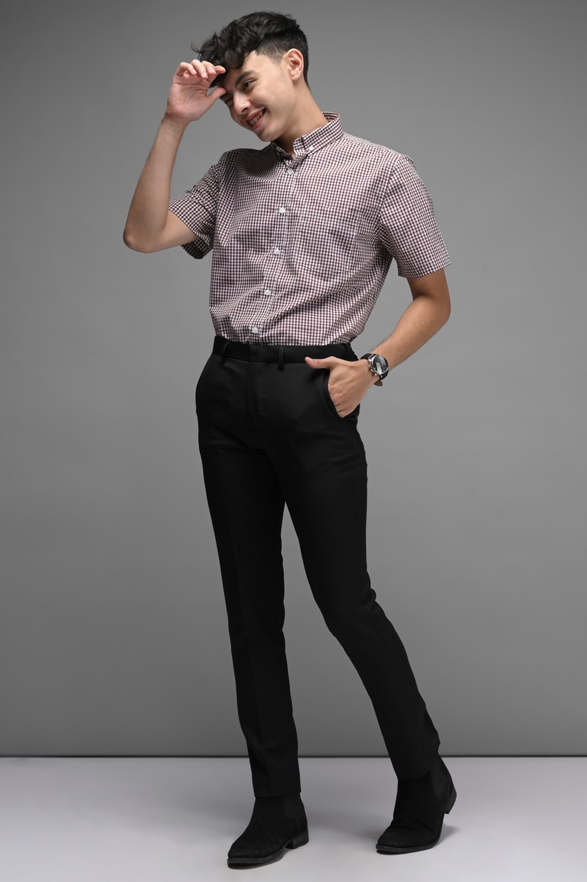 GINGHAM SHORT SLEEVE SHIRT MAROON