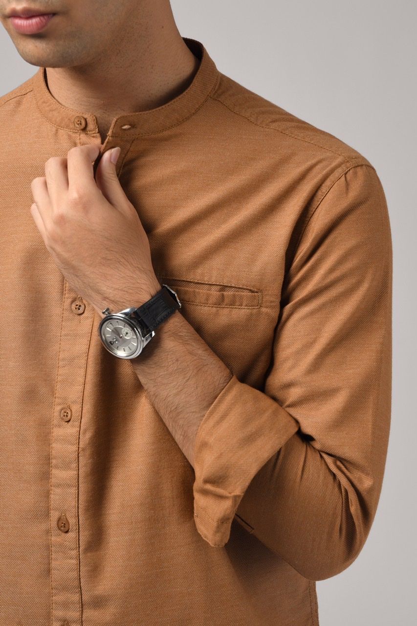 KALPEN COLLARLESS SHIRT BROWN