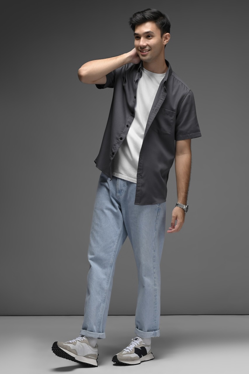 EXETER BLACK BUTTON SHORT SLEEVE SHIRT ASPHALT