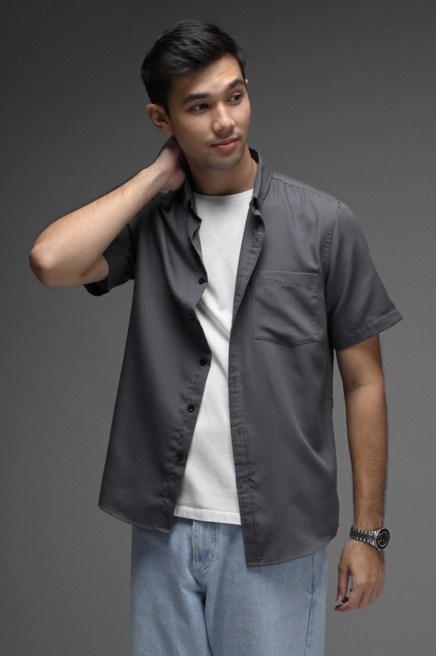 EXETER BLACK BUTTON SHORT SLEEVE SHIRT ASPHALT
