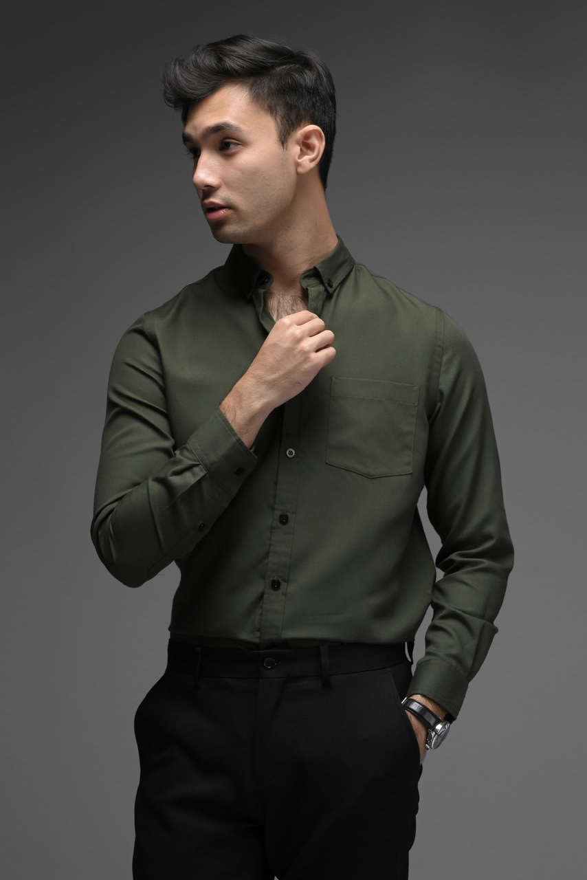 EXETER BLACK BUTTON LONG SLEEVE SHIRT RIFLE GREEN