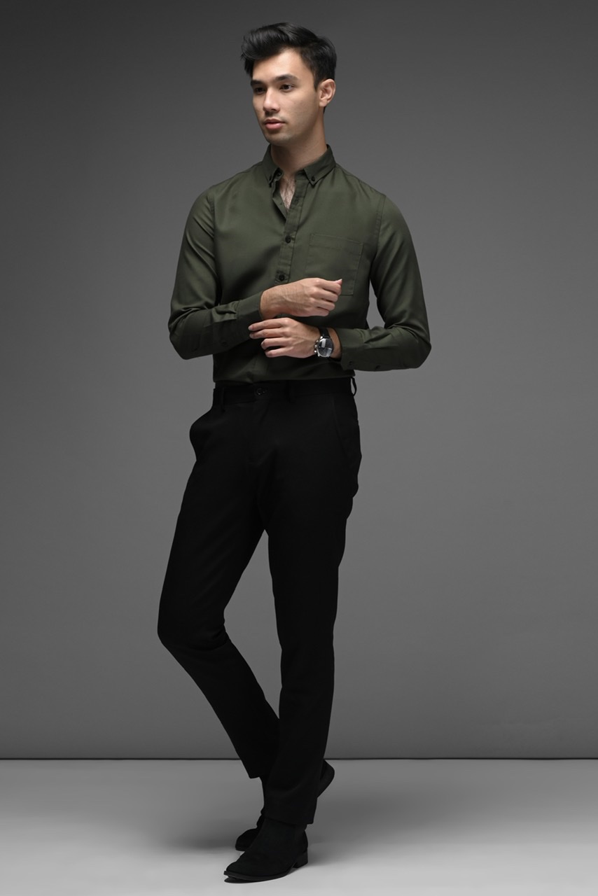 EXETER BLACK BUTTON LONG SLEEVE SHIRT RIFLE GREEN