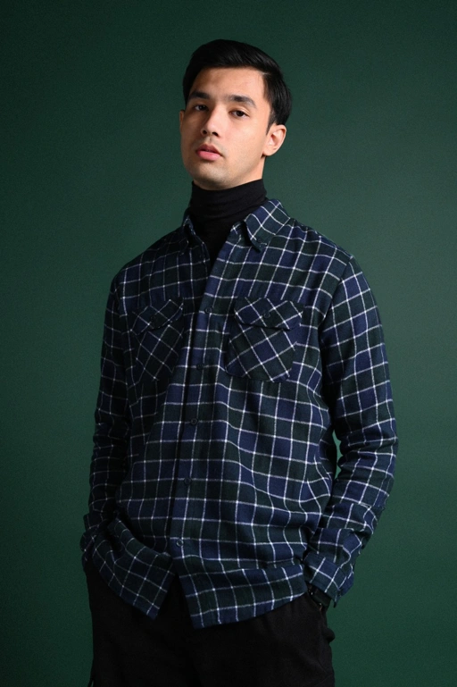 Image of ULTIMATE DOUBLE POCKET FLANNEL SHIRT BLUE GREEN TEAL GRID