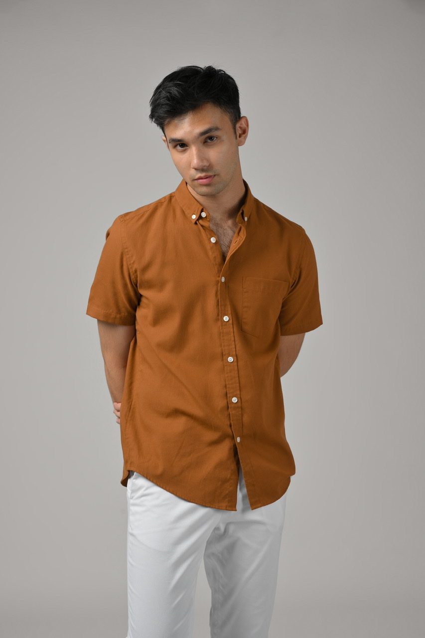PSCO12-EXETER WHITE BUTTON SHORT SLEEVE SHIRT LIGHT BROWN