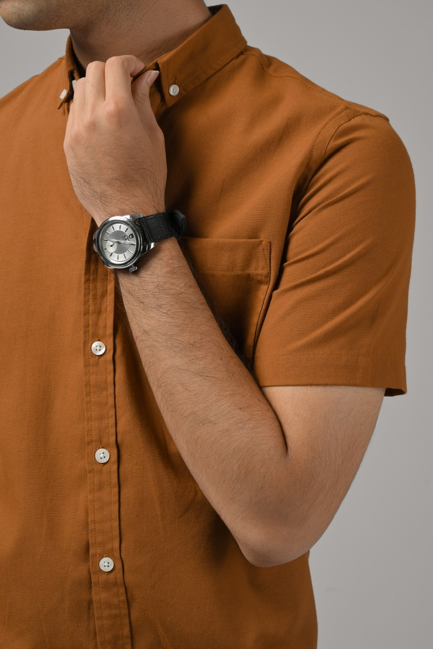 PSCO12-EXETER WHITE BUTTON SHORT SLEEVE SHIRT LIGHT BROWN