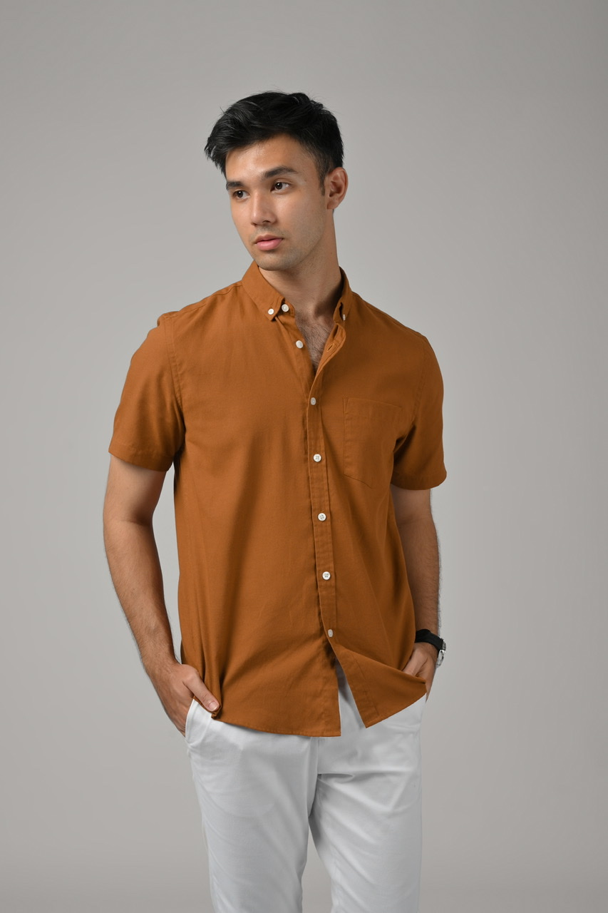 PSCO12-EXETER WHITE BUTTON SHORT SLEEVE SHIRT LIGHT BROWN