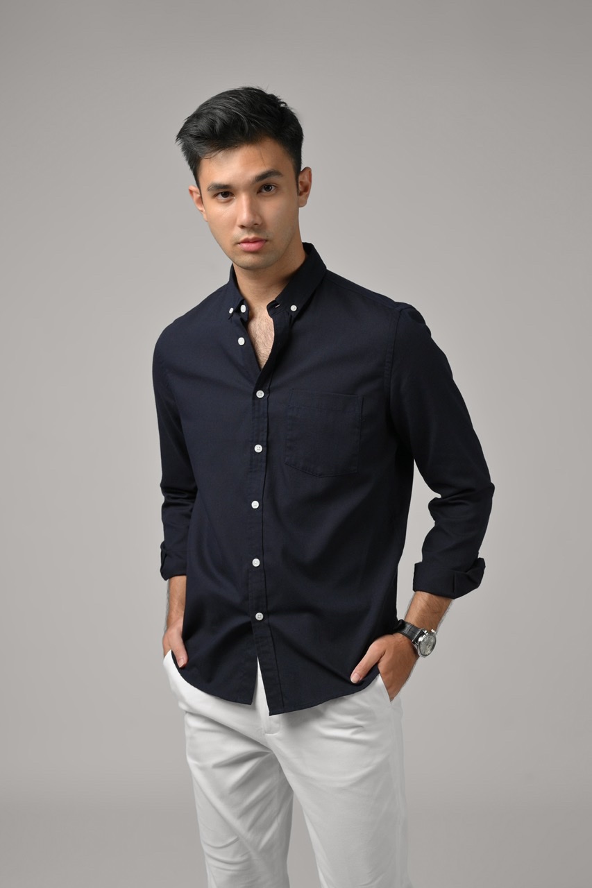 EXETER WHITE BUTTON LONG SLEEVE SHIRT NAVY