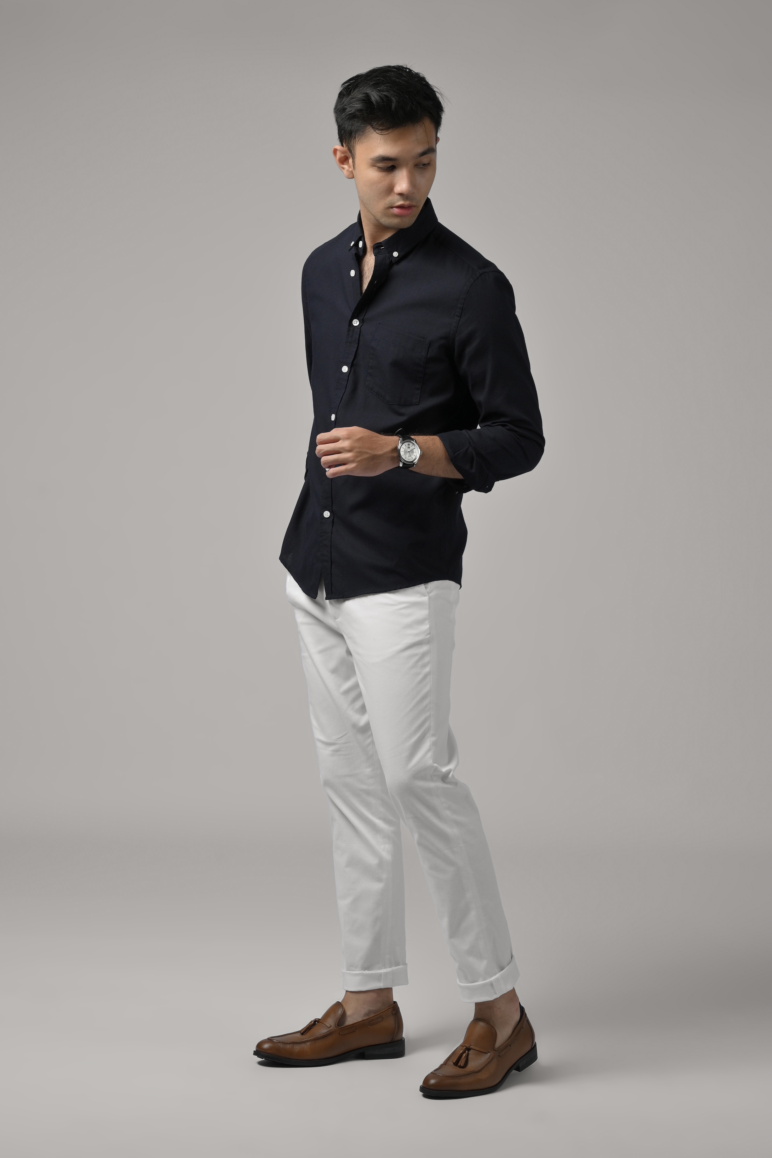 EXETER WHITE BUTTON LONG SLEEVE SHIRT NAVY