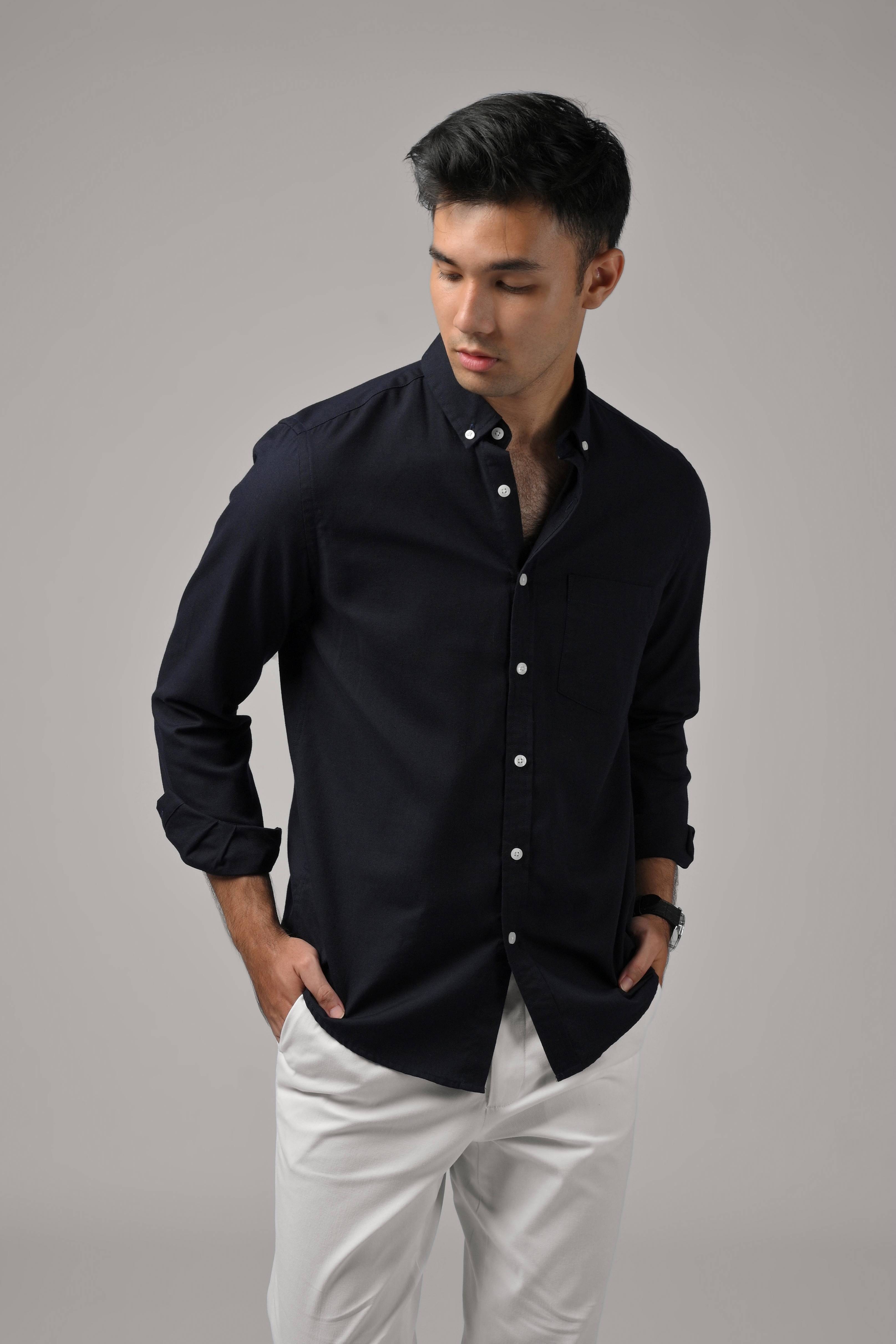 EXETER WHITE BUTTON LONG SLEEVE SHIRT NAVY