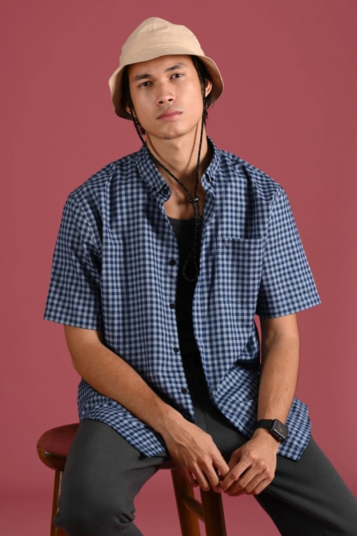 Image of PSCR68-GINGHAM SHORT SLEEVE SHIRT PREPP SCOOTER EDITION NAVY GREY