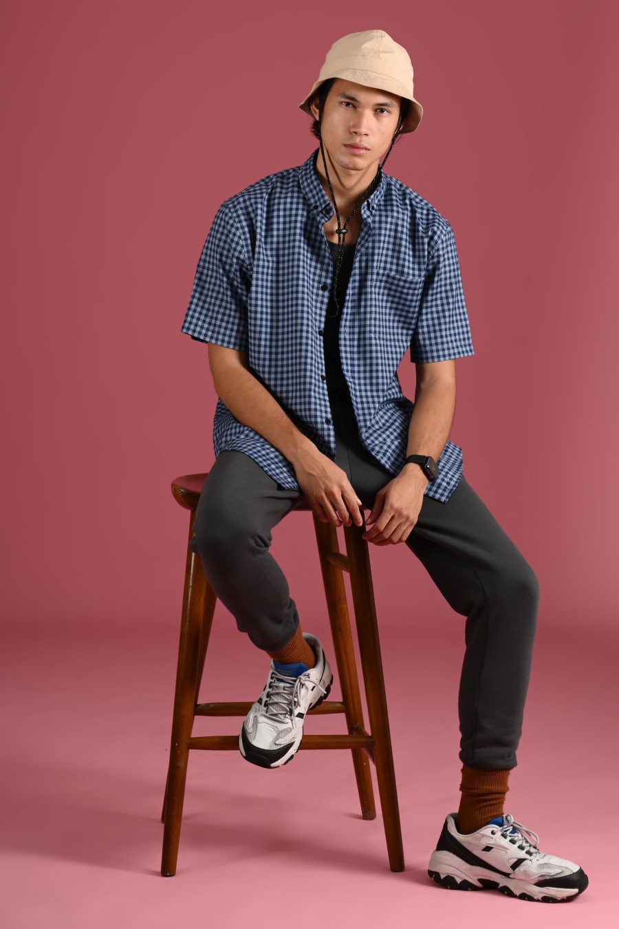 PSCR68-GINGHAM SHORT SLEEVE SHIRT PREPP SCOOTER EDITION NAVY GREY