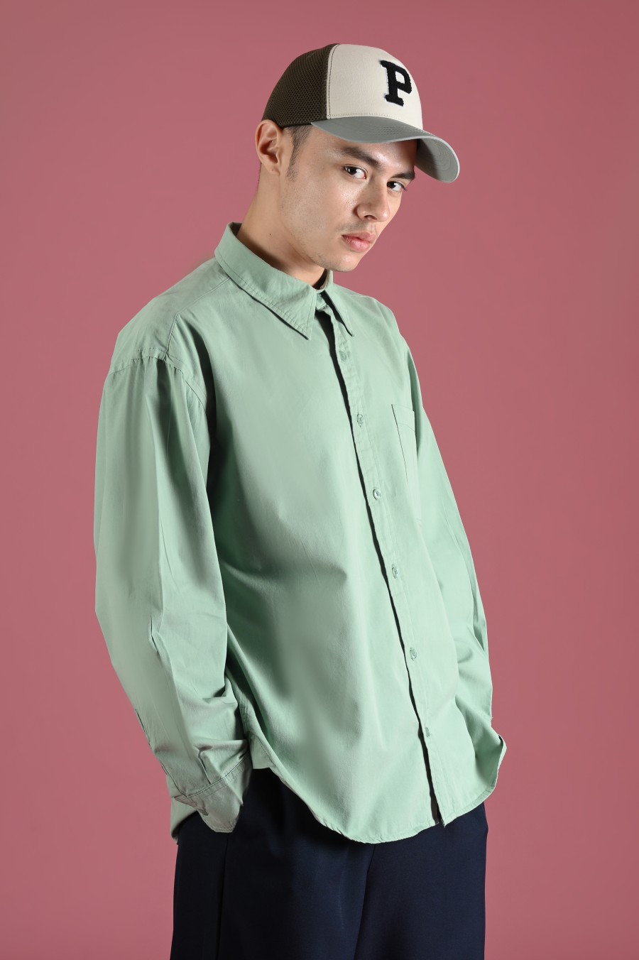 PSDT79-DREXEL OVERSIZED SHIRT BASIC COLLAR CUCUMBER GREEN