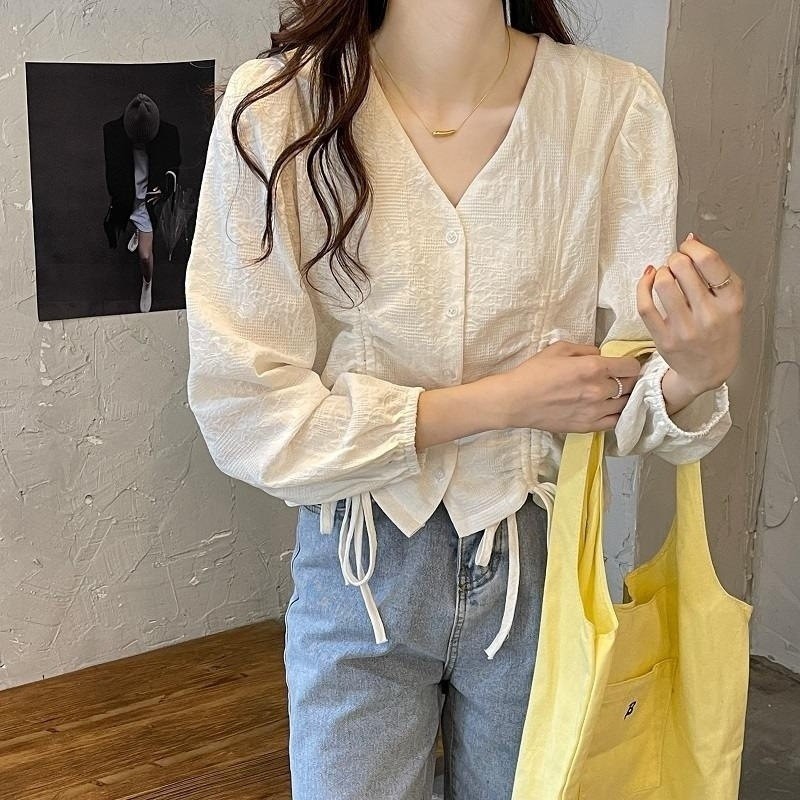 LYR307 | SELYRA Korean Drawstring Blouse Wanita – Blouse V Neck Feminine Daily Wear
