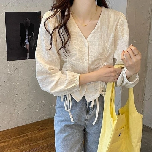 Image of LYR307 | SELYRA Korean Drawstring Blouse Wanita – Blouse V Neck Feminine Daily Wear