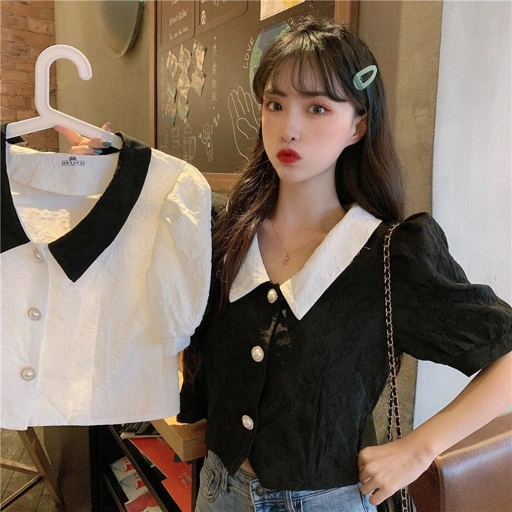 Image of LYR305 | SELYRA Korean Contrast Collar Blouse Wanita – Blouse Hitam Putih Feminine Daily Wear