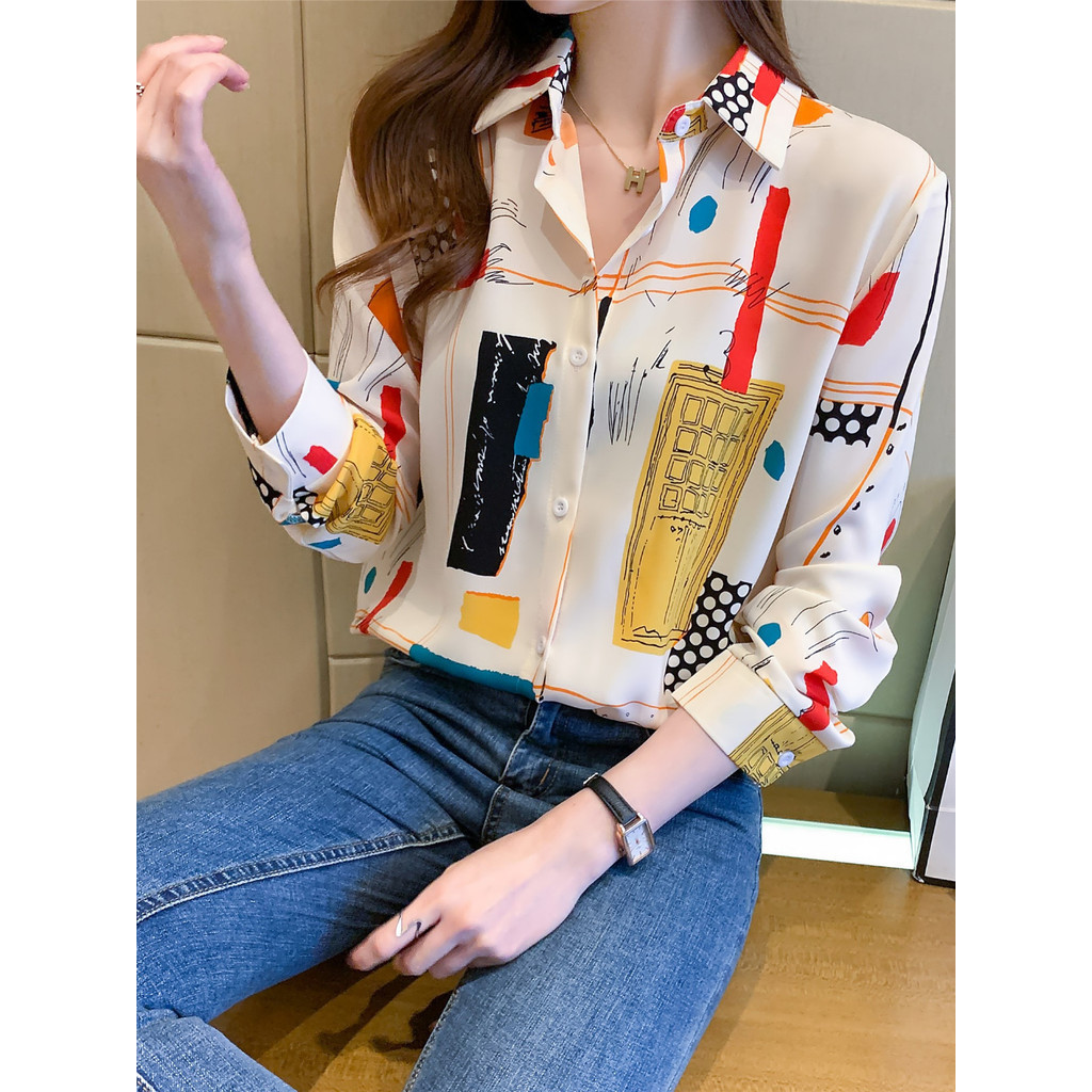 LYR315 | SELYRA Korean Abstract Color Blouse Wanita – Long Sleeve Office Top