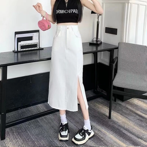 Image of LYR335 | SELYRA High Waist A-Line Midi Skirt – Front Slit Casual Rok Wanita