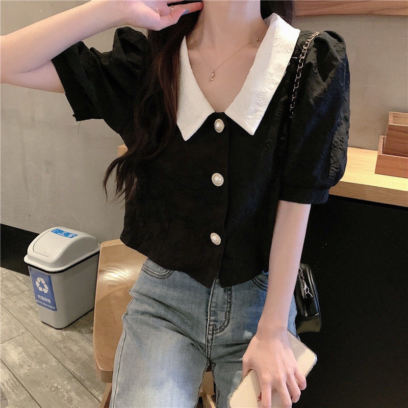 LYR305 | SELYRA Korean Contrast Collar Blouse Wanita – Blouse Hitam Putih Feminine Daily Wear