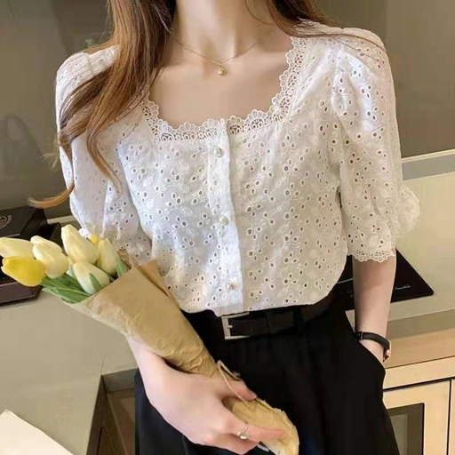 Image of LYR301 | SELYRA Korean Eyelet Blouse Wanita – Blouse Putih Feminine Daily Wear