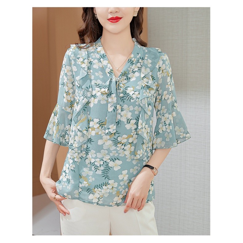 LYR318 | SELYRA Korean Floral Tie Neck Blouse Wanita – Feminine Chiffon Top