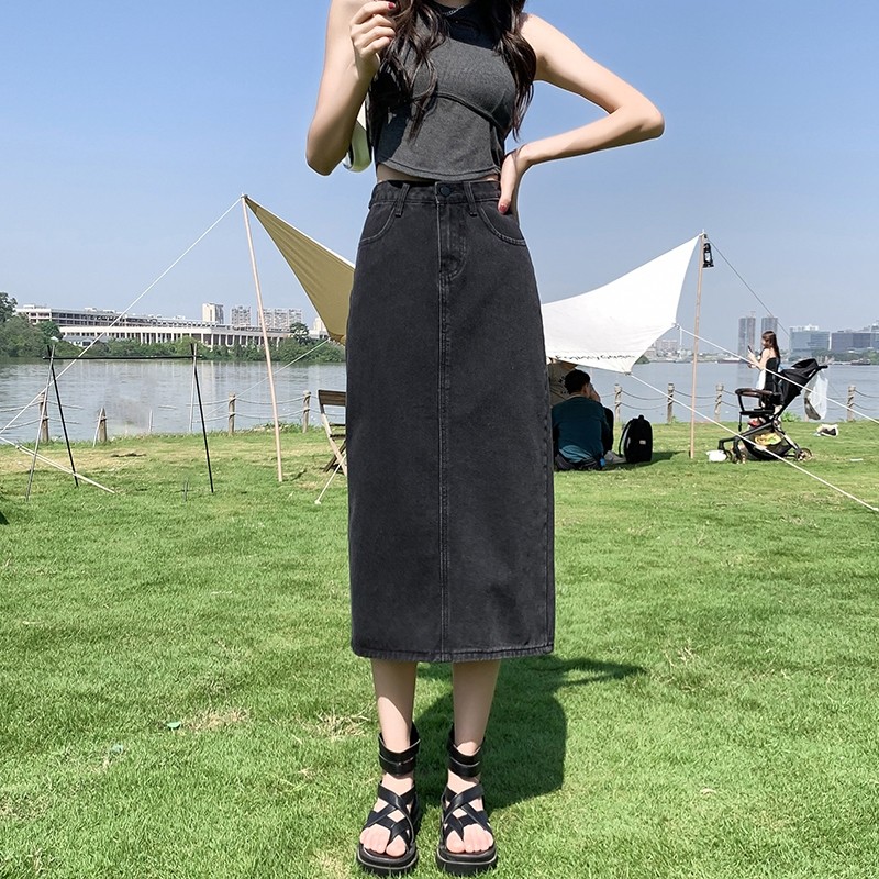LYR336-B | SELYRA High Waist Denim Midi Skirt – Korean A-Line Rok Jeans Wanita