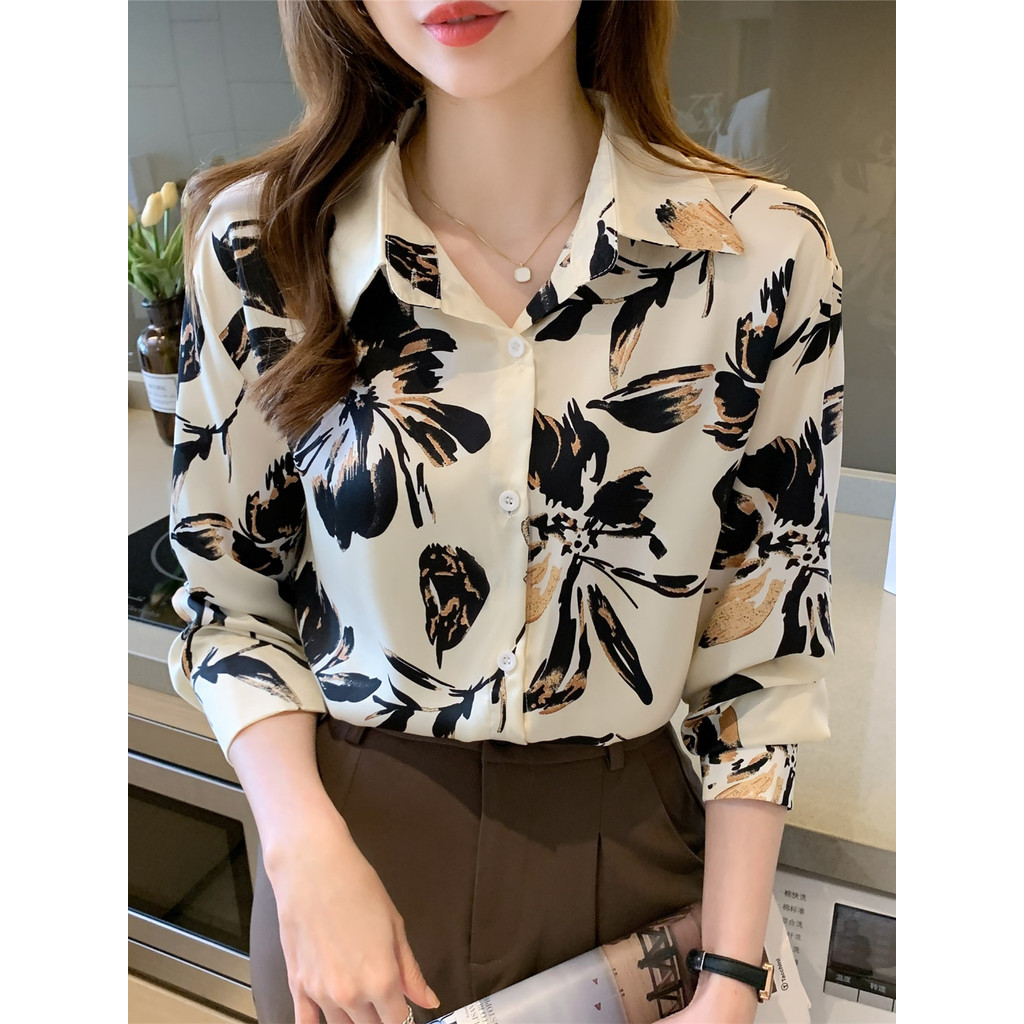 LYR311 | SELYRA Korean Abstract Print Blouse Wanita – Long Sleeve Office Top